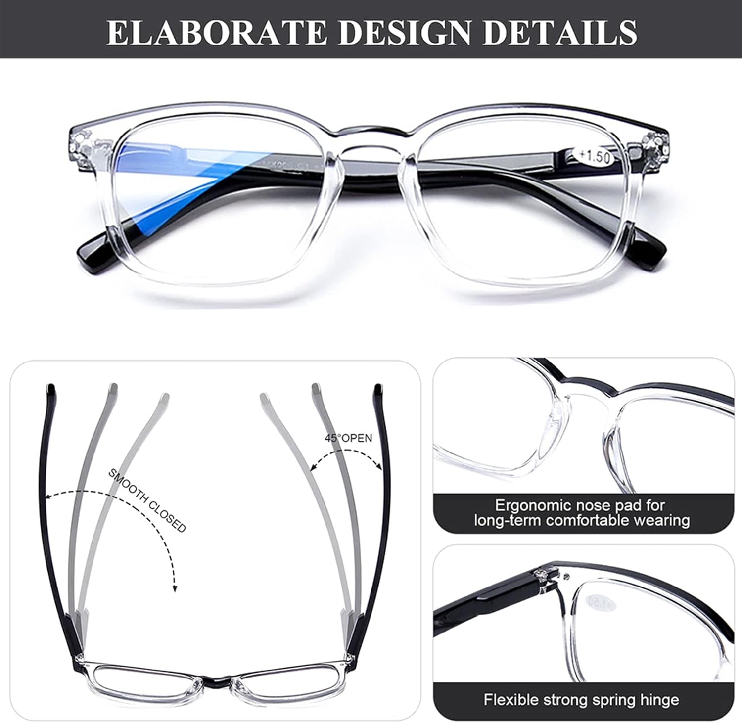 4 Pack Computer Reading Glasses Blue Light Filter Clear Frames Readers Glasses for Men Women