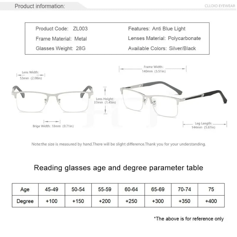 Men Reading Glasses Business Presbyopia Glasses Metal Frame anti Blue Light Eyeglasses Unisex Clear Glasses