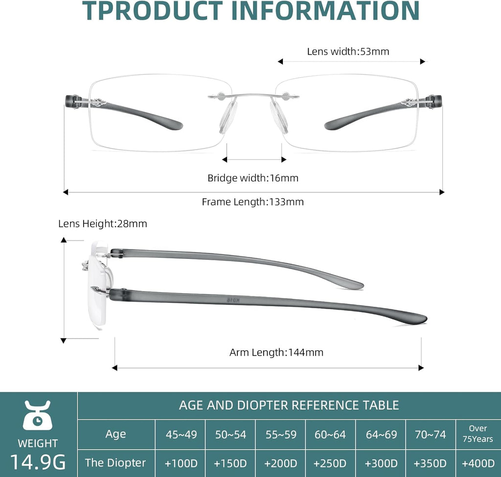Anti-Blue Light Frameless Reading Glasses Lightweight Anti-Fatigue Lenses Reading Universal for Men and Women