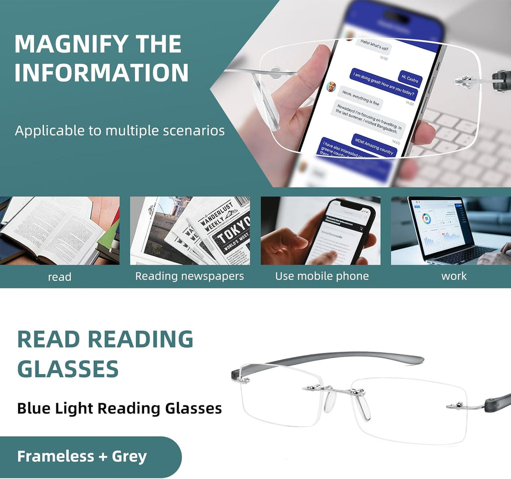 Anti-Blue Light Frameless Reading Glasses Lightweight Anti-Fatigue Lenses Reading Universal for Men and Women