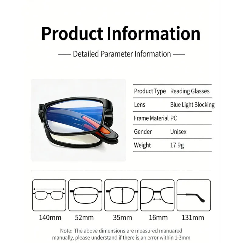 Anti-Blue Light Reading Glasses, Retro Unisex Portable Pocket Glasses for Men and Women