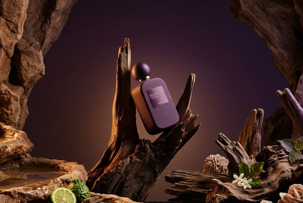 Purple bottle with a dropper on a rocky surface with limes and flowers