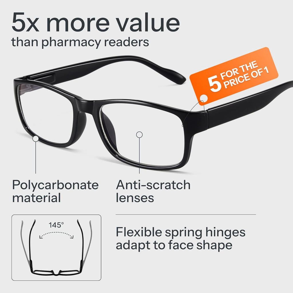 2.5 Professional Reading Glasses for All Day - Computer Readers with Blue Light Protection - Value Pack