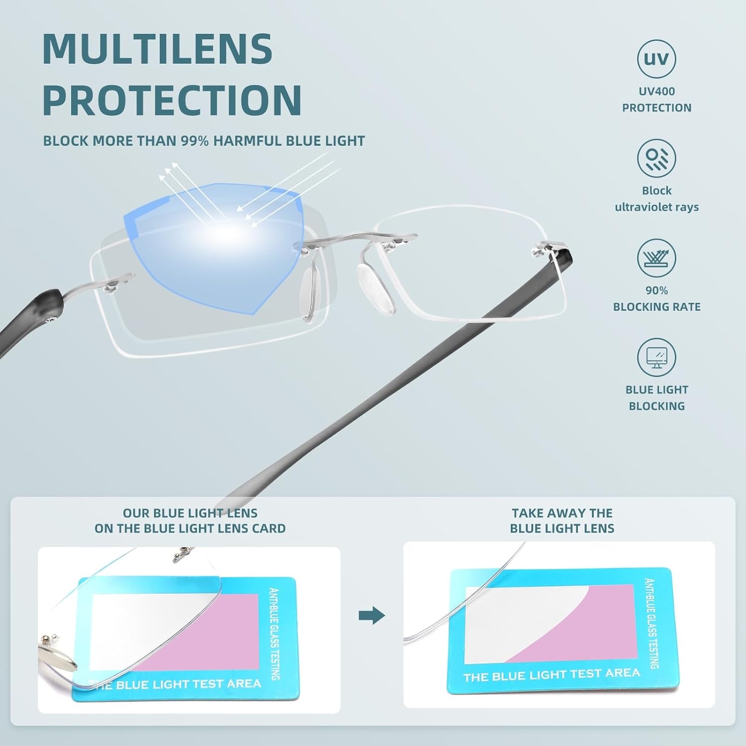 Anti-Blue Light Frameless Reading Glasses Lightweight Anti-Fatigue Lenses Reading Universal for Men and Women