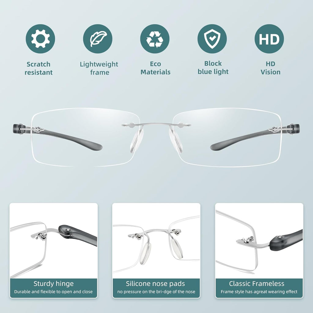 Anti-Blue Light Frameless Reading Glasses Lightweight Anti-Fatigue Lenses Reading Universal for Men and Women