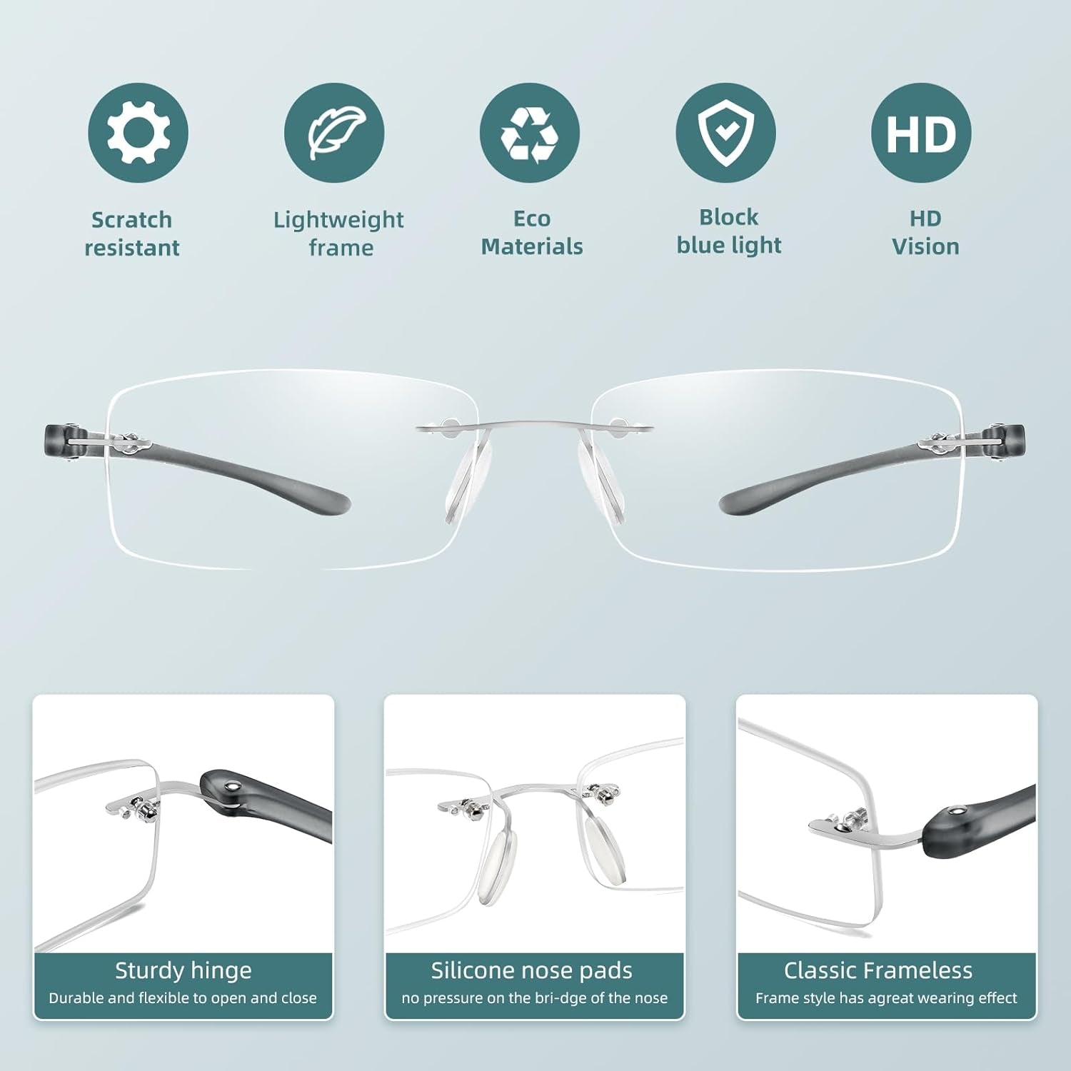 Anti-Blue Light Frameless Reading Glasses Lightweight Anti-Fatigue Lenses Reading Universal for Men and Women